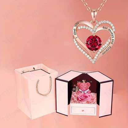 Love Wrapped in Luxury: Heart Necklace in Double Door Bow Bear Rose Gift Box – Perfect for Mom & Girlfriend!