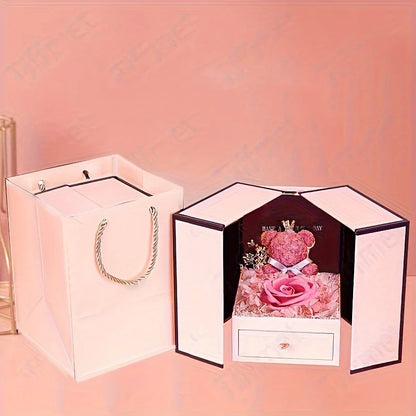 Love Wrapped in Luxury: Heart Necklace in Double Door Bow Bear Rose Gift Box – Perfect for Mom & Girlfriend!