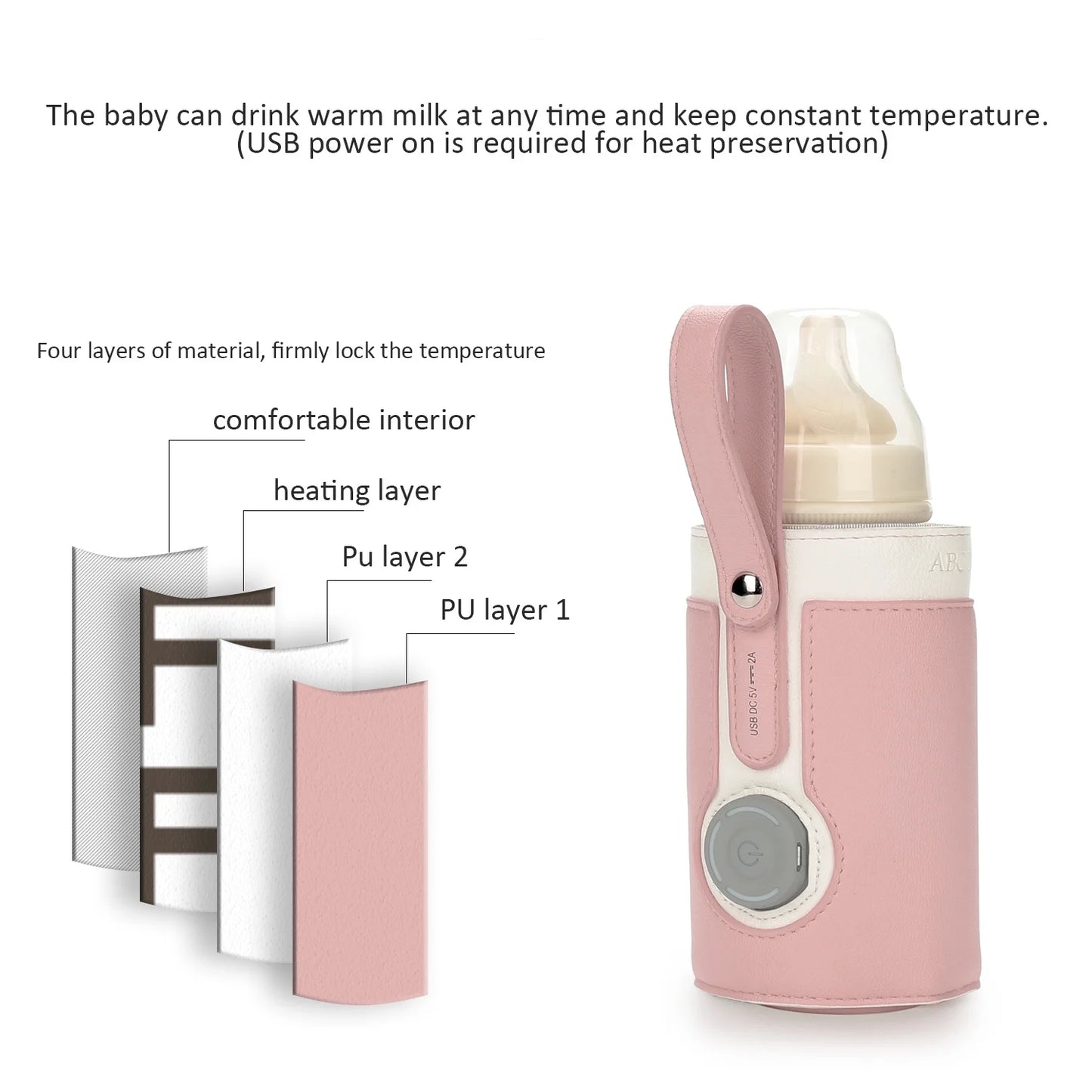 Portable Bottle Warmer, Intelligent Bottle Warmer, Fast Charge, 3-Speed Temperature Regulation, Pink
